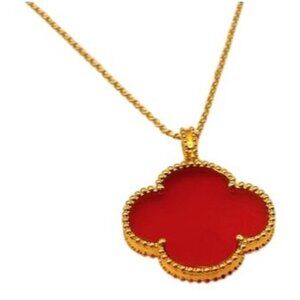Red Pendant Necklace with Flower Design, 18k Gold plated